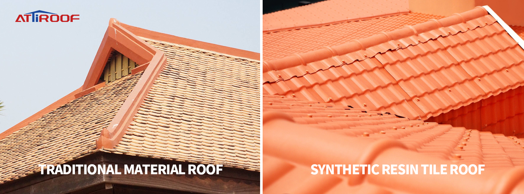 Side-by-side comparison of a traditional material roof and a synthetic resin tile roof with ATiROOF branding, highlighting the contrast in roofing materials.