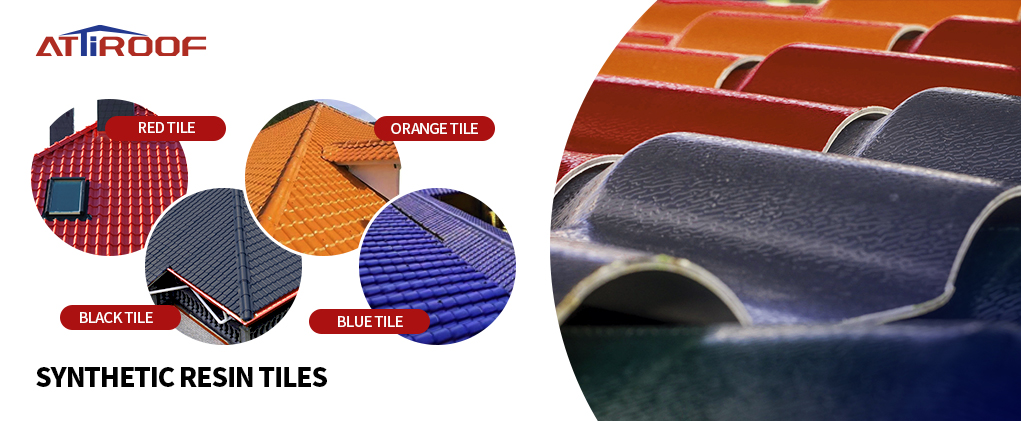 Variety of ATiROOF synthetic resin tiles in red, orange, black, and blue colors, focusing on the texture and design of the roofing materials.