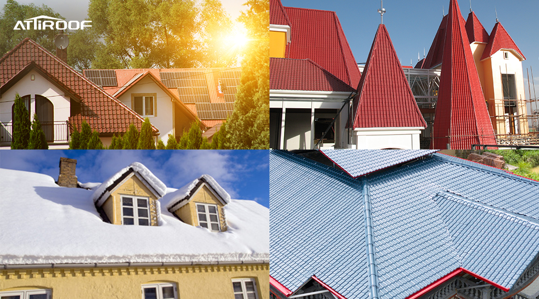 Collage of diverse ATiROOF rooftops showing solar panels, classic red roofs, snow-covered houses, and a blue synthetic tile roof, illustrating versatility and adaptation to different climates.