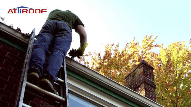 Worker on a ladder inspecting a residential roof for damage or cleaning leaves, emphasizing seasonal roof maintenance.