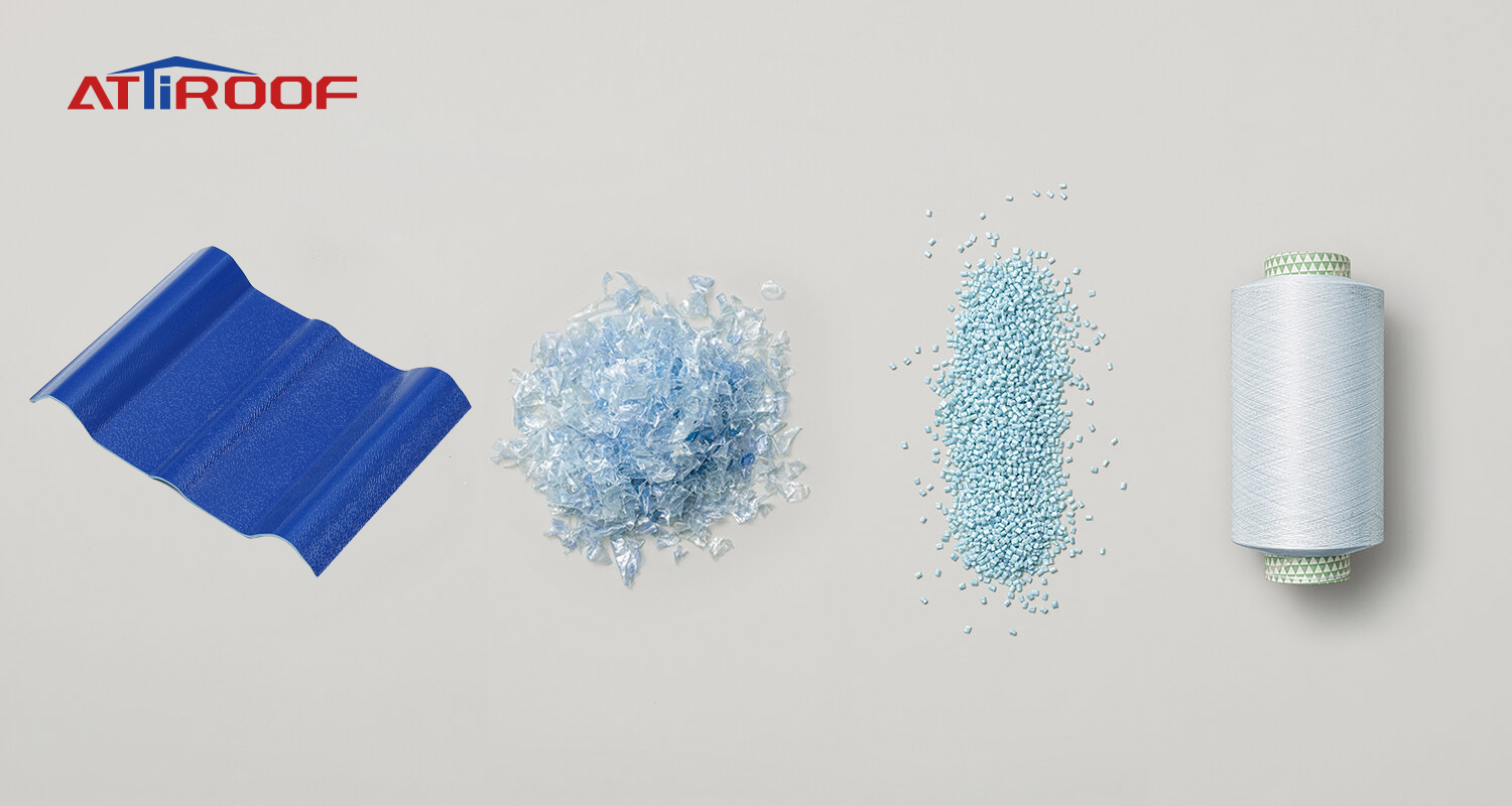 Lifecycle of synthetic resin roof tiles demonstrating recycling and repurposing, from blue roof tile to crushed clear plastic, to small blue pellets, ending with a spool of recycled plastic fiber.