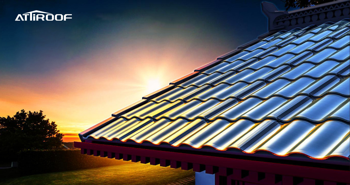 Roof with integrated solar panels and synthetic resin tiles during sunset, showcasing sustainable energy solutions in roofing.