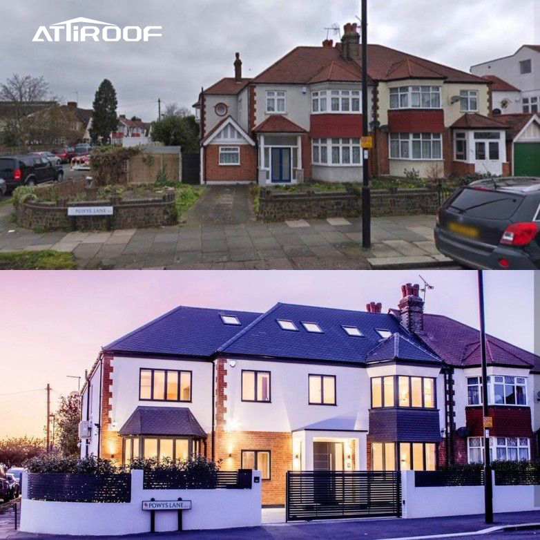 Before and after images of a commercial building renovation from a dated facade to a modern design with vibrant lighting and a fresh, clean exterior.