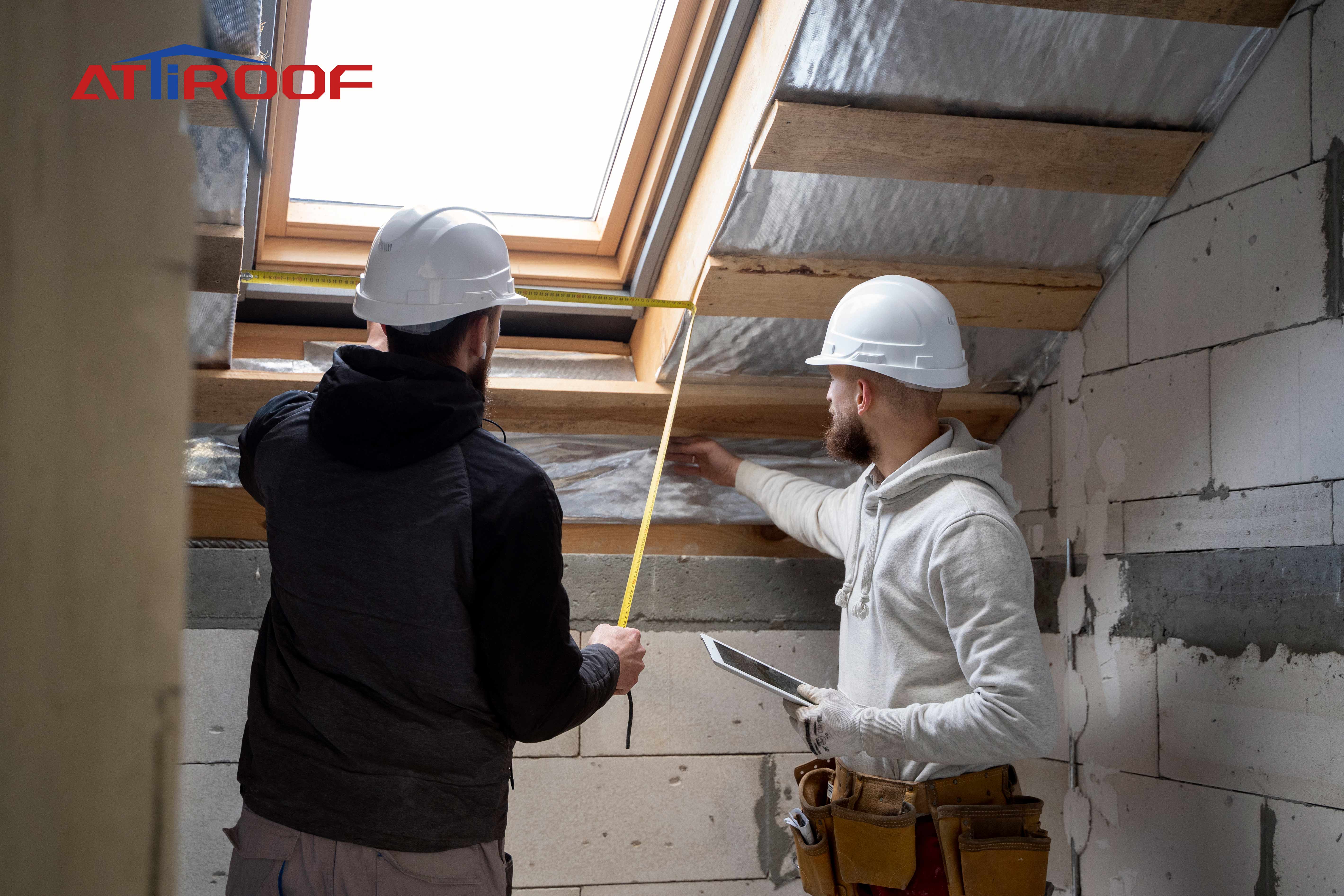 Professional roof inspectors assessing the structural integrity and slope of a roof in a construction setting.