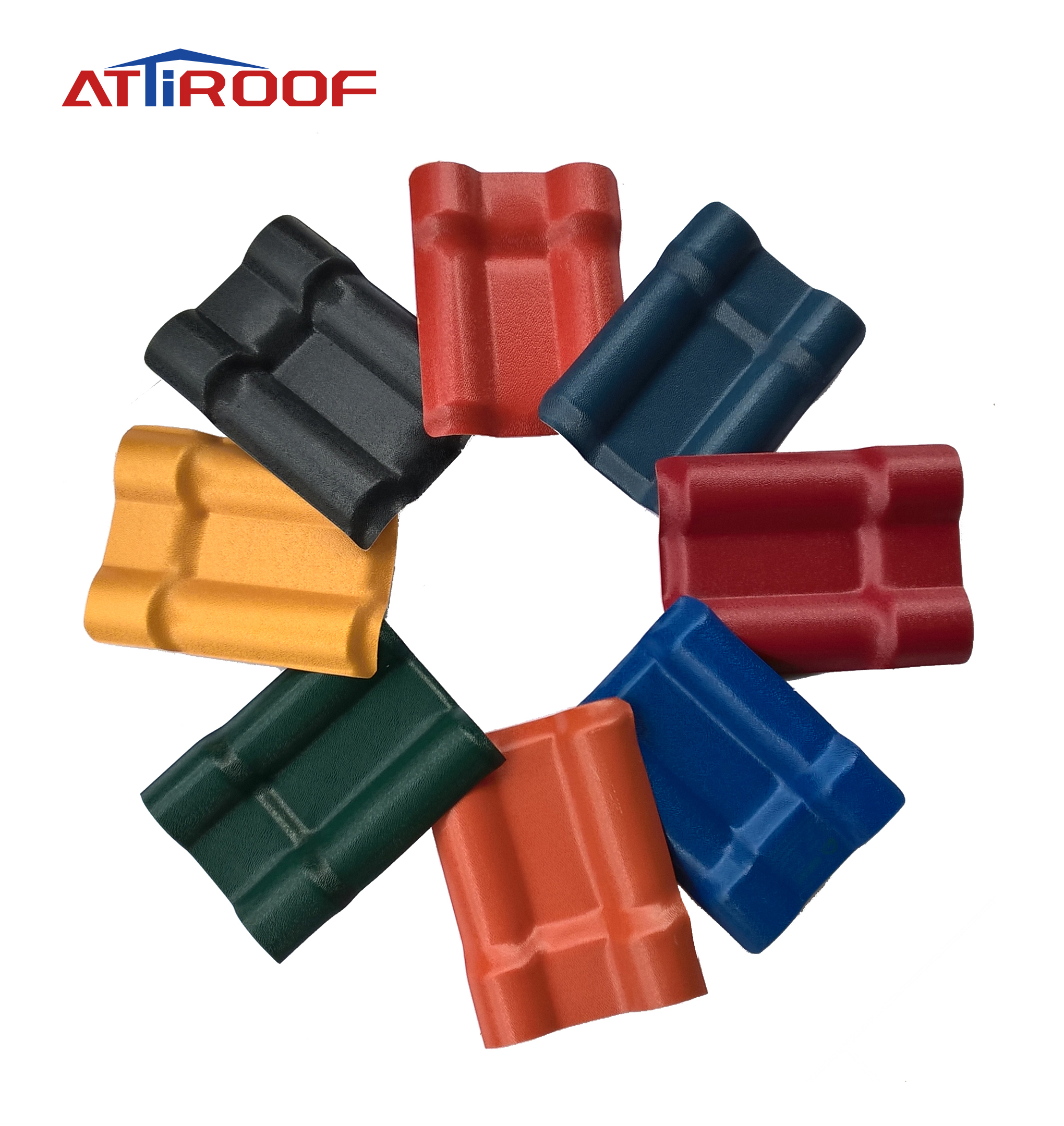 ATTIROOF offers a variety of resin tiles in various colors, including red, yellow, blue, green, black, and more.